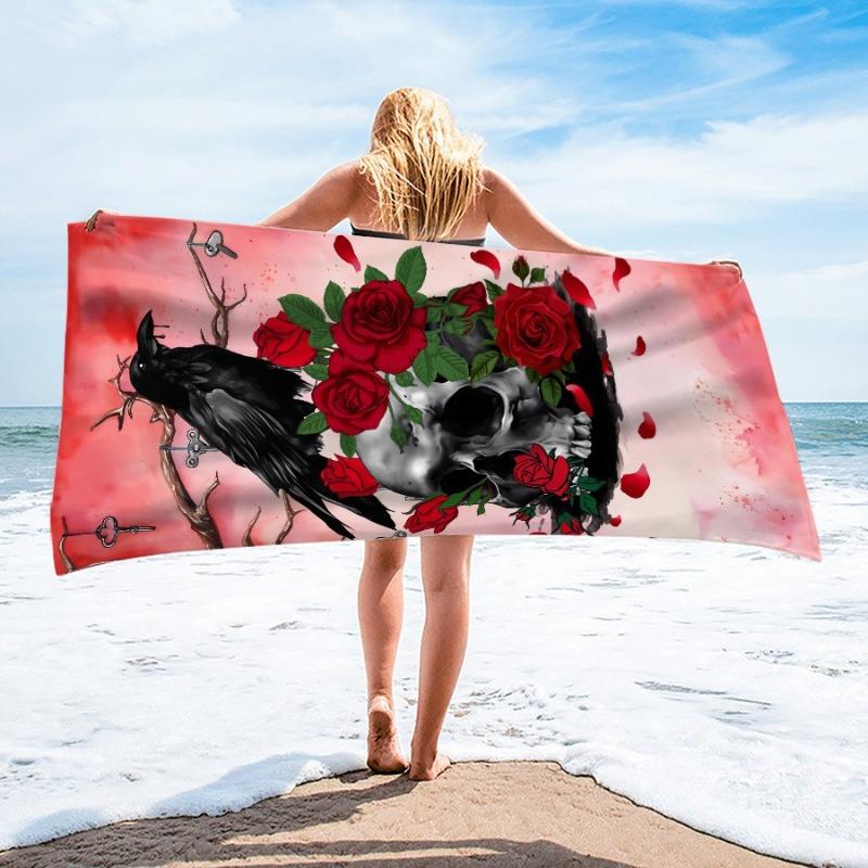 Gothic Skull Red Rose Beach Towel Dark Punk Vintage Floral Skeleton Art Full Print Soft Absorbent Quick Dry Beach Blanket