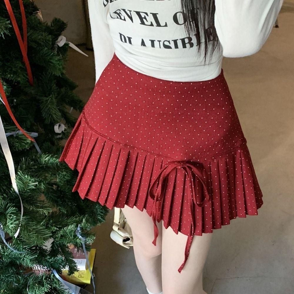 Sweet Dot Mini Skirt Bowknot A-line Short Skirts Sweet Pleated Skirts for Women Ladies