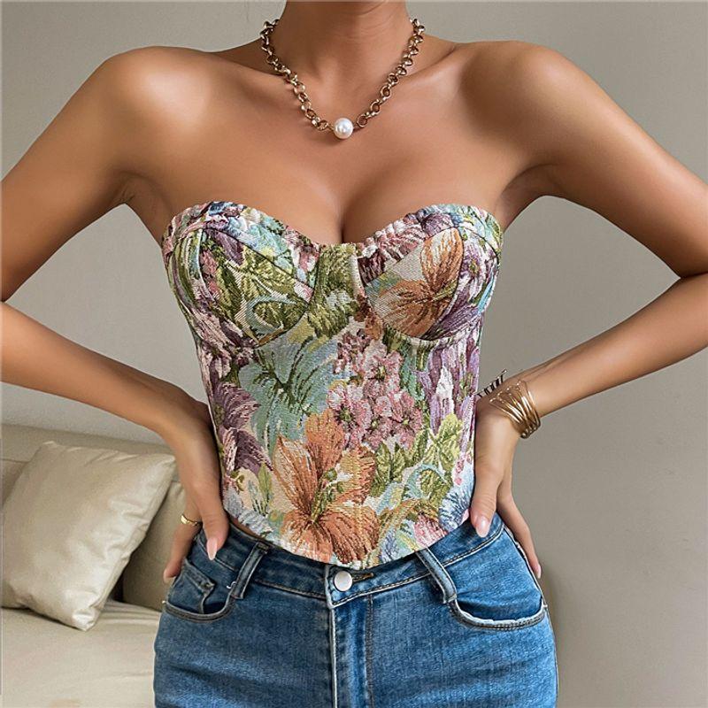 

Fashion Retro Flower French Style Waist Girdling Band Tube Top Wrapped Chest Female Sexy Corset Tank Top Cami French Big Flower S