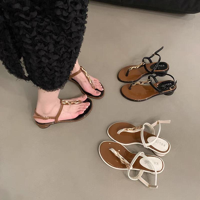 Niche thick heel French toe sandals fairy shoes 2025 new summer black temperament with skirt Roman shoes