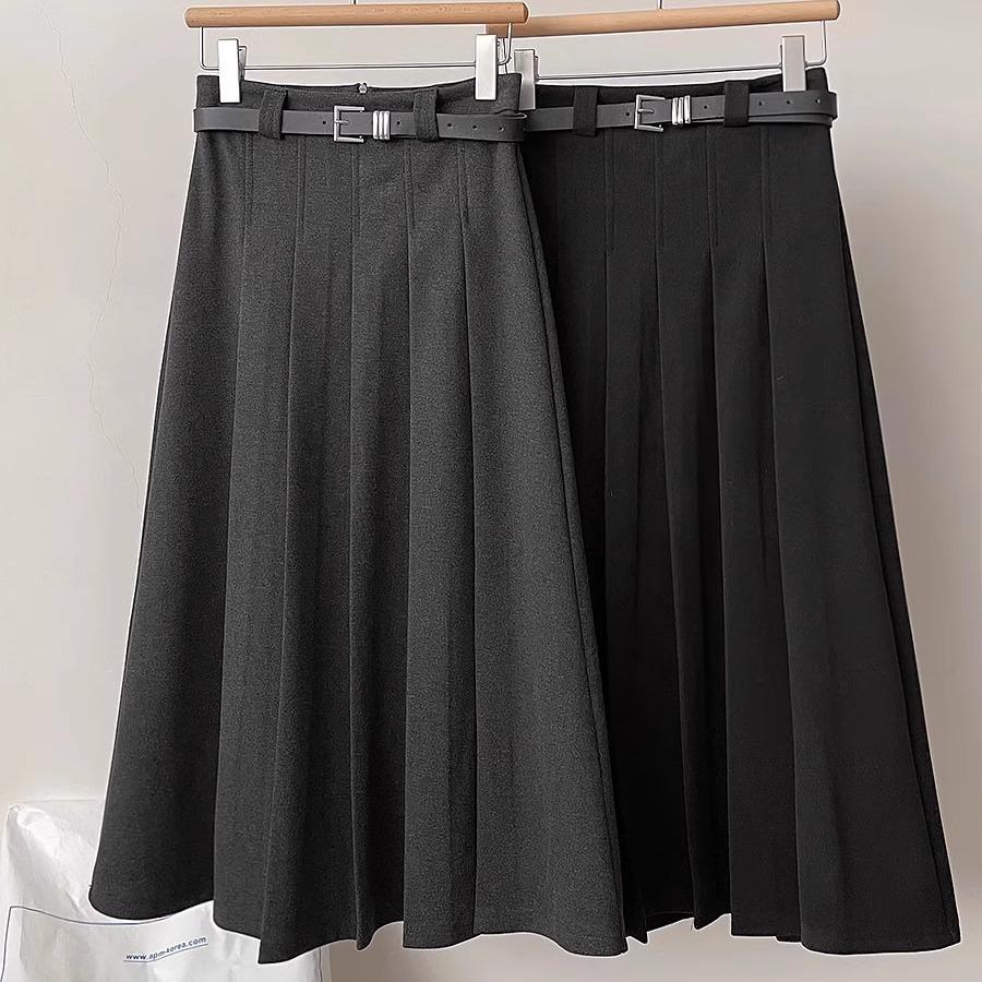 Gray Wool Blend High-Waisted Pleated Skirt for Petite Figures - Mid-Length A-Line Autumn Design