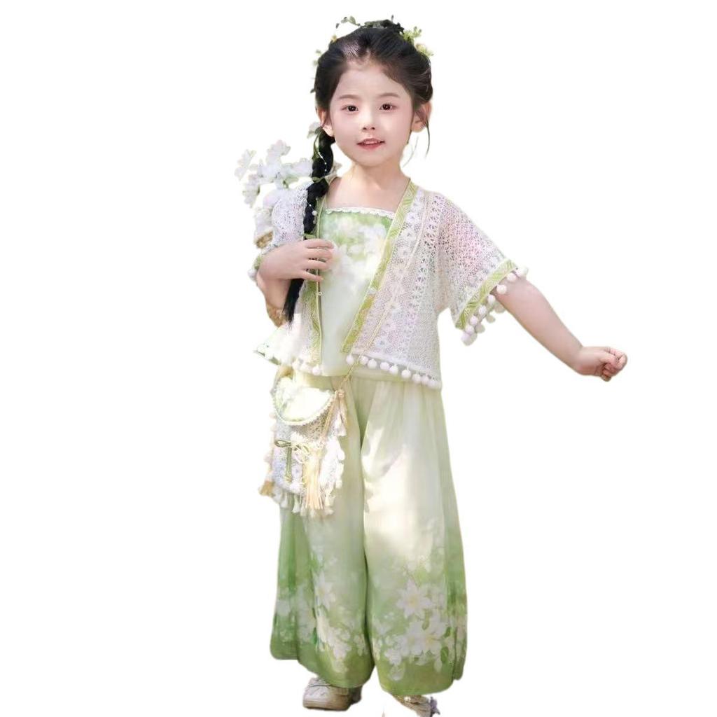 Children's Hanfu Summer 2026: New Ancient-Style Tang Suit Three-Piece Set with Trousers for Girls