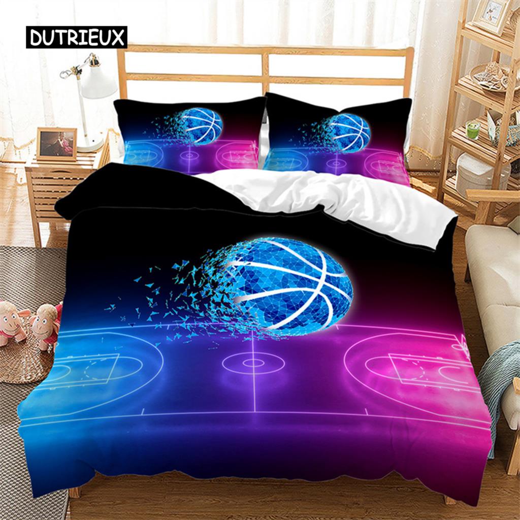 Boys Basketball Duvet Cover 3D Ball Pattern Sports Theme Bedding Set Queen Microfiber Football Competitive Game Comforter Cover