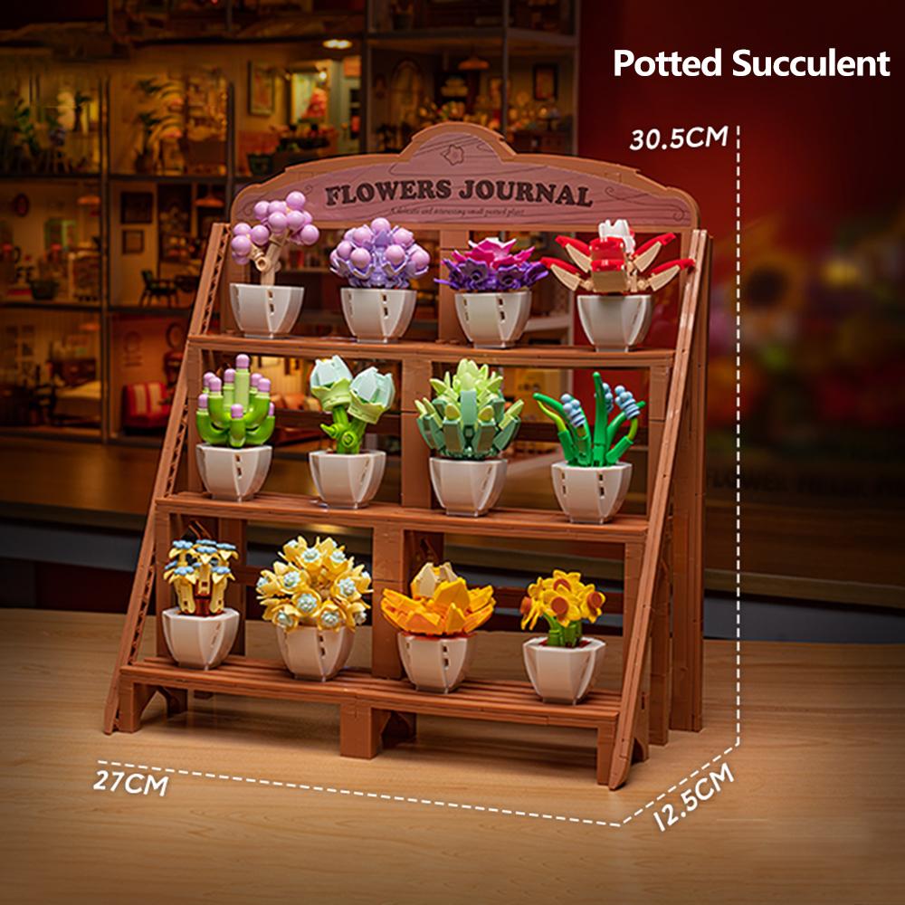 DIY Potted Succulent, Flower Bouquet Building Block Toy Creative Greenery Decoration, Stand Perfect As Children's Holiday Gift
