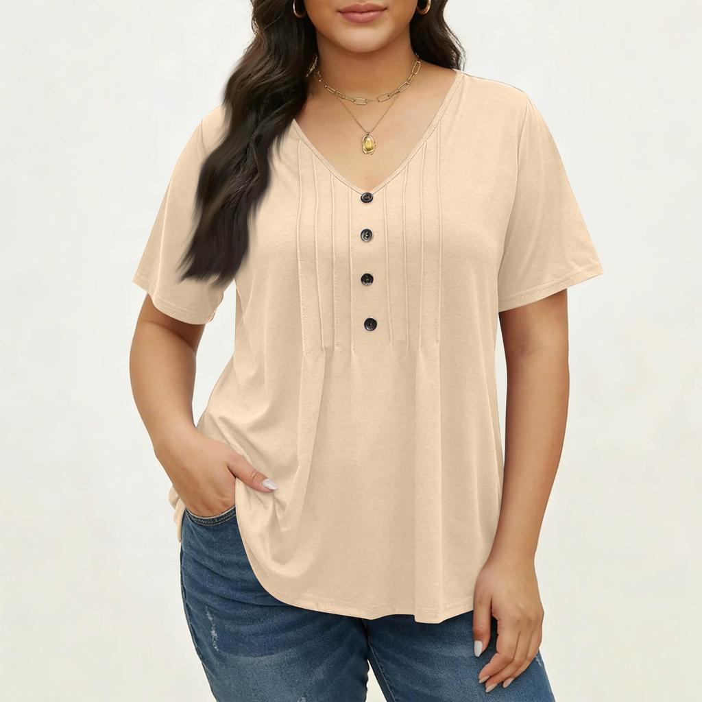 Women's Plus Size Fashionable Casual Loose-Fit V-Neck Button-Down Short-Sleeve Top