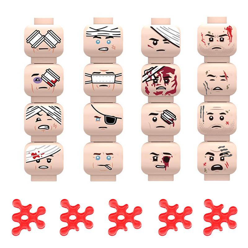 MOC Militär Zombie Verletztes Gesicht Zubehör Bausteine Armee Soldaten Figuren Kopf Emotionale Waffe Teile Mini Steine Spielzeug