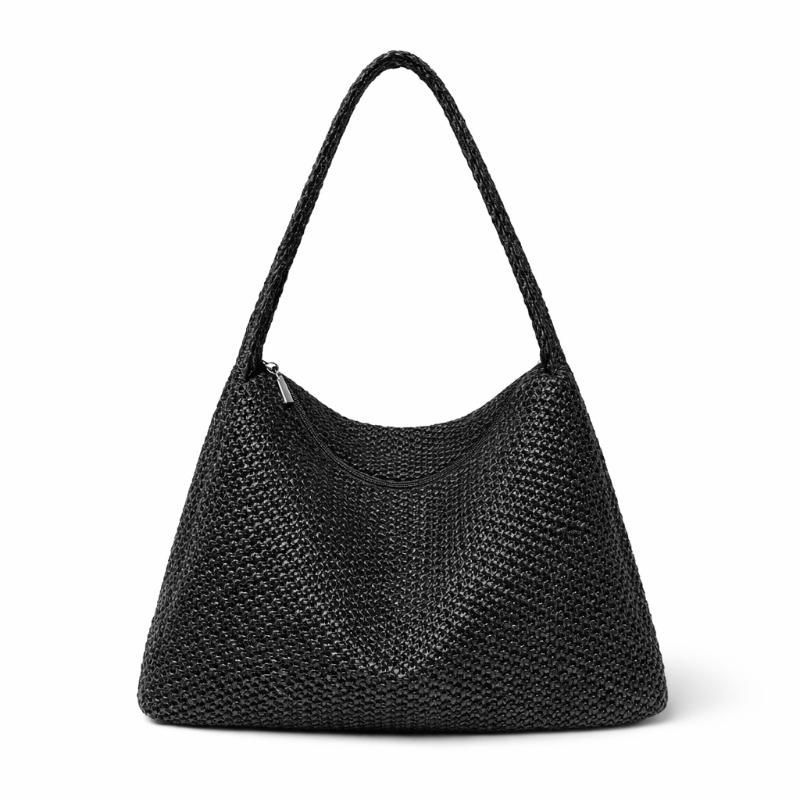Straw Textured Tote Bag Stylish Beach Vacation Shoulder Bag Zippered Large Capacity Handbag Wide Shoulder Strap Underarm Bag