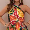 Womens Tropical Floral Print Halter Neck Twist Short Dress Loose Fit Vacation Style