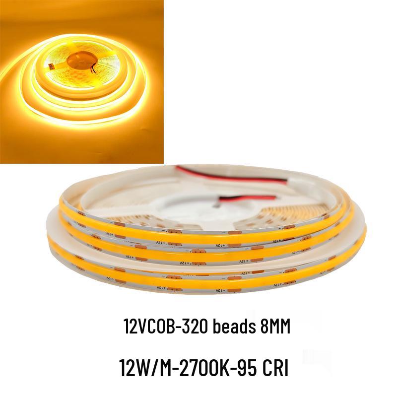 COB LED Strip Light 12V/24V, 320/480 LEDs, 8MM, 90 CRI, Self-Adhesive, Aluminum Channel.