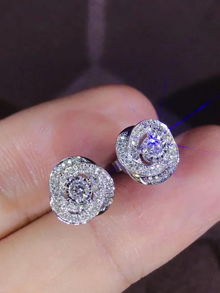 New Trendy Unique Rose Designed Stud Earrings for Women Shiny Cubic Zirconia Ear Accessories Aesthetic Wedding Jewelry
