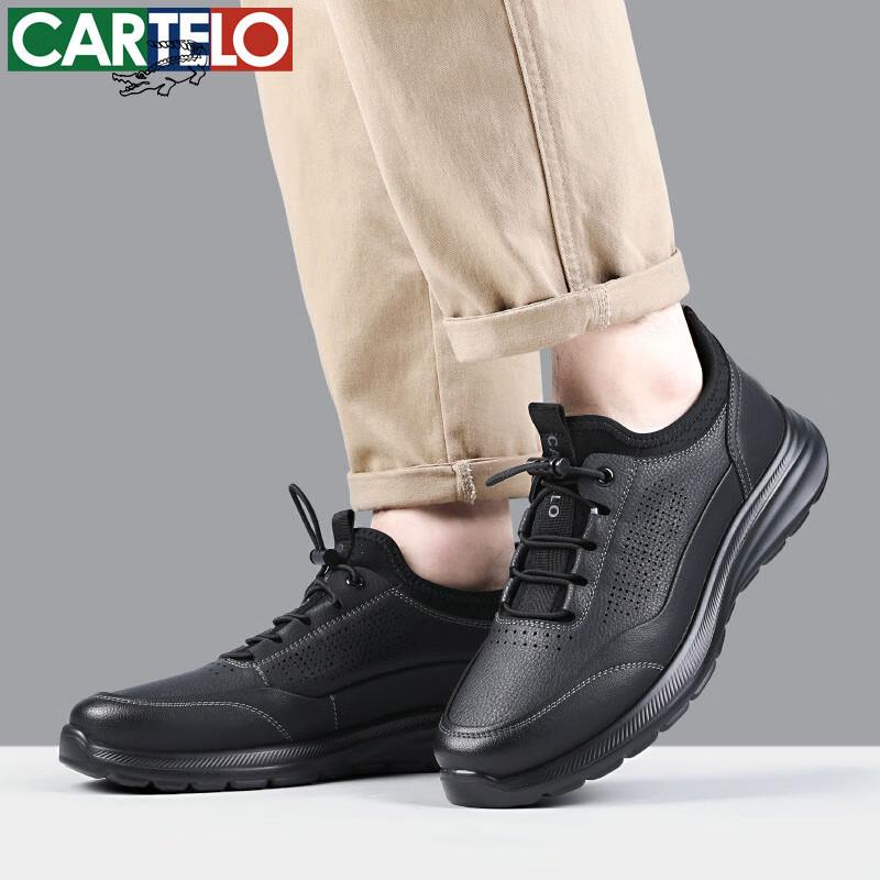 CARTELO Men's Leather Shoes, Summer Cowhide Breathable Men's Sandals, Soft-Soled Sports Casual Shoes, 5207 Black, Size 45