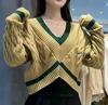 Korean Color Block V-Neck High Waist Knit Sweater for Women – Autumn Winter Trendy Lazy Style Cable Knit Outerwear Top