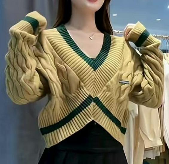Korean Color Block V-Neck High Waist Knit Sweater for Women – Autumn Winter Trendy Lazy Style Cable Knit Outerwear Top