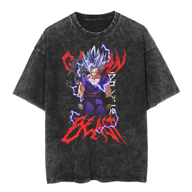 T-shirt a maniche corte lavata effetto invecchiato Giapponese Classico Dragon Ball Goku Cartone Animato Anime Oversize High Street Vintage Uomo e Donna