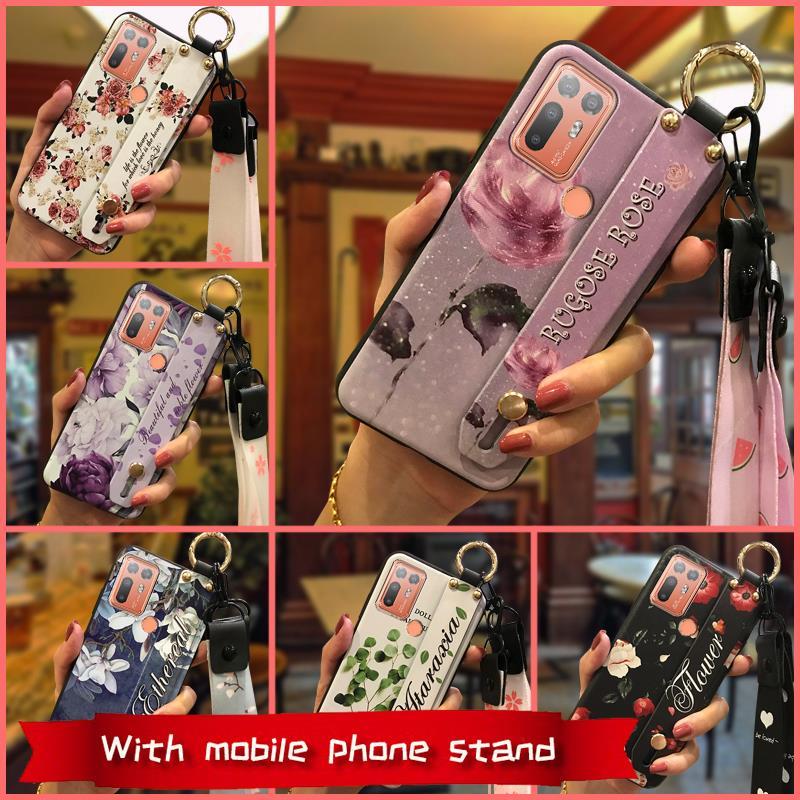 Durable Wristband Phone Case For HTC Desire 20 Plus/D20+ Lanyard Back Cover Shockproof Flower Soft case Fashion Design