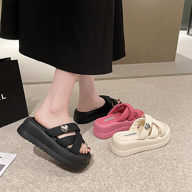 Thick Bottom Soft Rubber Women's Non-slip Heightened Home Casual Slippers Summer Outdoor White With Solid Color Sandals Slippers
