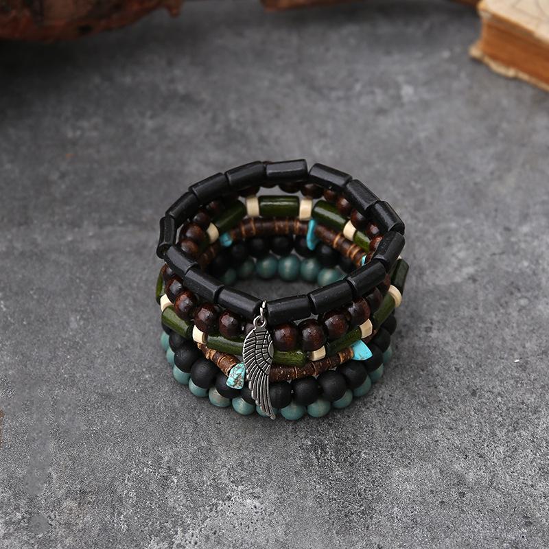 Handmade Beaded Bracelet Men Vintage Multi-Layer Elastic Cord Coconut Wood Beads Adjustable Buddhist Prayer Mala Jewelry Gift