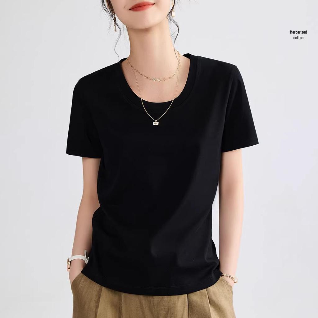 Women's Double-Sided Mercerized Cotton Slimming T-Shirt: Cool, Breathable, Plus Size, Regular Shoulder, Round Neck, Short Sleeve, Summer Wear.