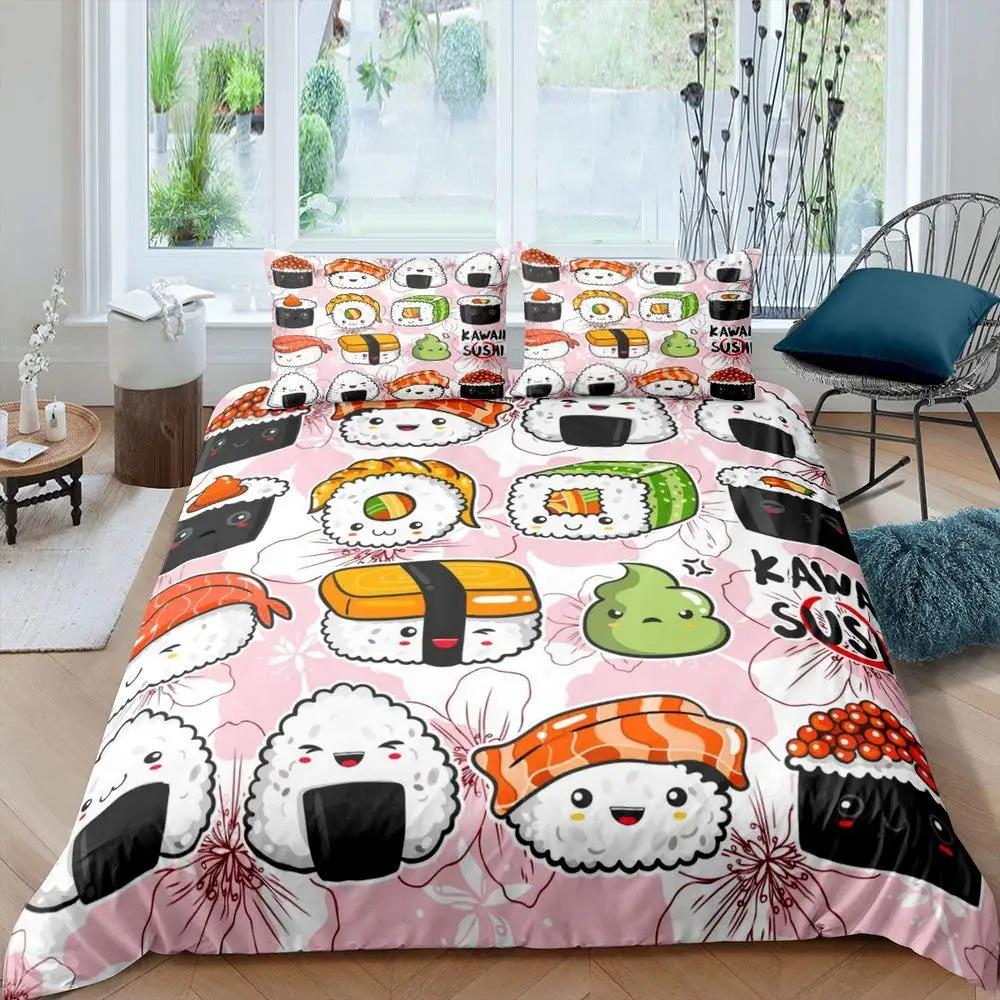 Sushi Comforter Cover,Kawaii Rice Printed Duvet Cover,Cartoon Sushi Food Bedding,Salmon Caviar Sushi Japanese Style Quilt Cover