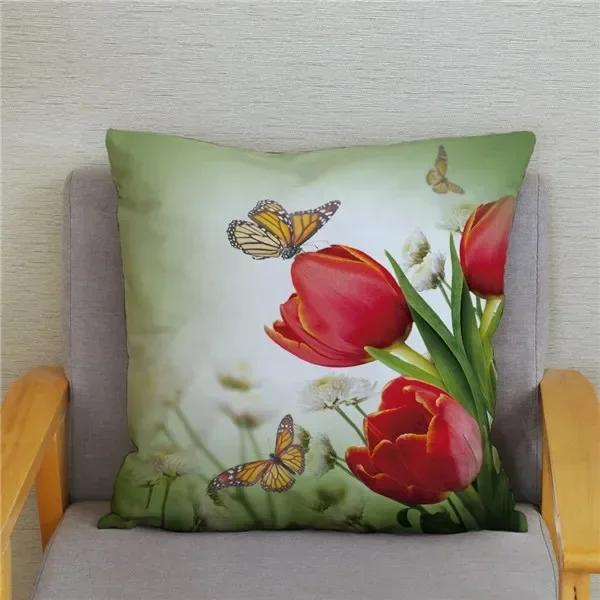 

Чехол для подушки с цветочным принтом тюльпана, чехол для подушки для автомобиля, гостиной, дивана, роскошное украшение для дома, наволочка 66x66cm бордовый