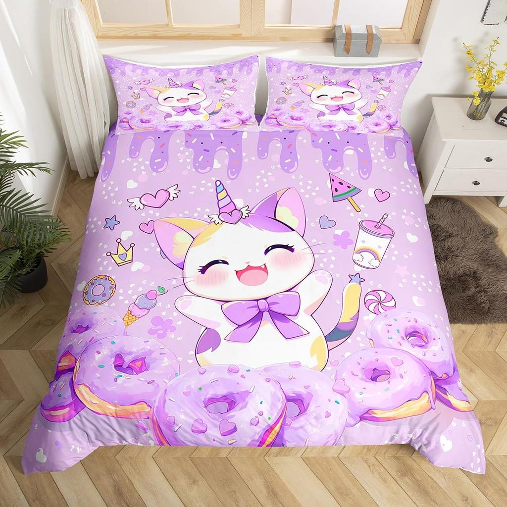 Comforter Cartoon Cat Unicorn Sweet Strawberry Milk Bedding Set Pet Animals Comforter Desserts Cakes Food