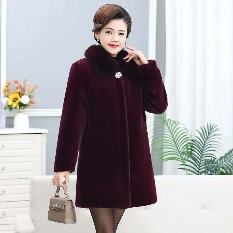 Winter Thickened Mink Velvet Coat Middle-Length Women's Outerwear Fur Collar Jacket Mid-Aged Ladies Fashion Outerwear