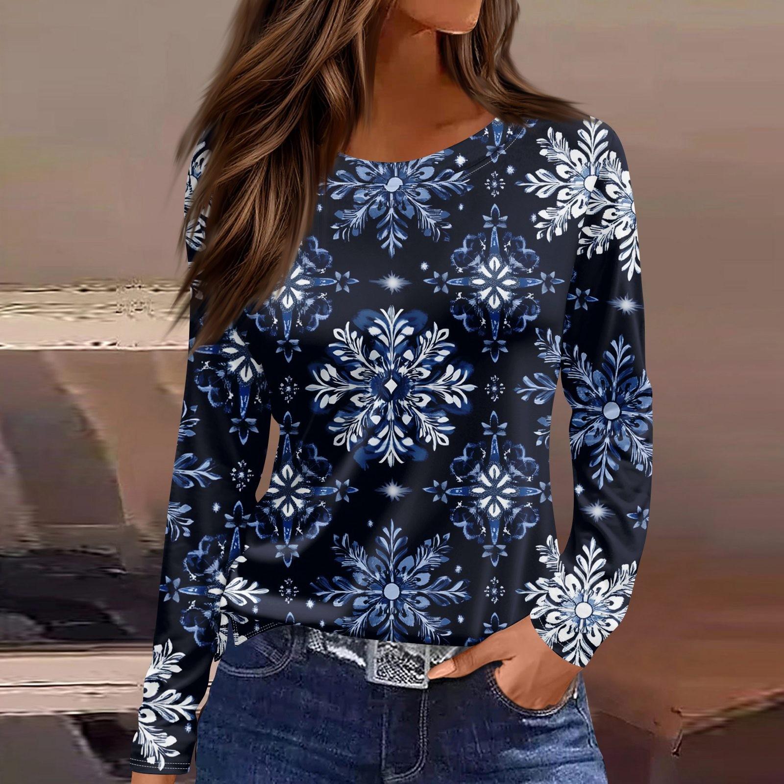 

Длинные рукава женские топы цветочный принт винтажная мода повседневные свободные с R-образным вырезом рубашки больших размеров Рождество XL синий