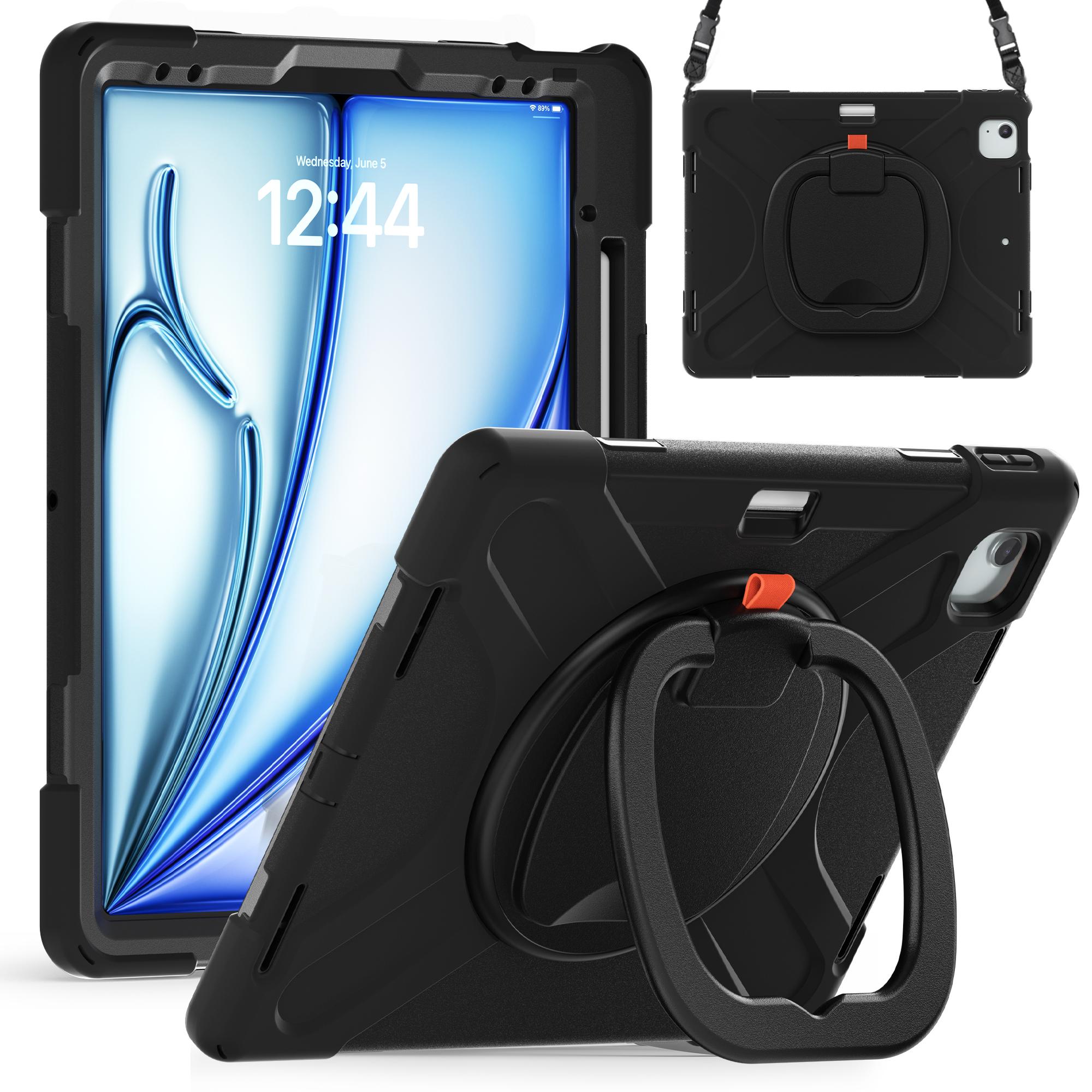 

For iPad Air 13 (2025)/(2024)/Pro 12.9 (2022)/(2021)/(2020)/(2018) Case Tablet Cover with Shoulder Strap Black