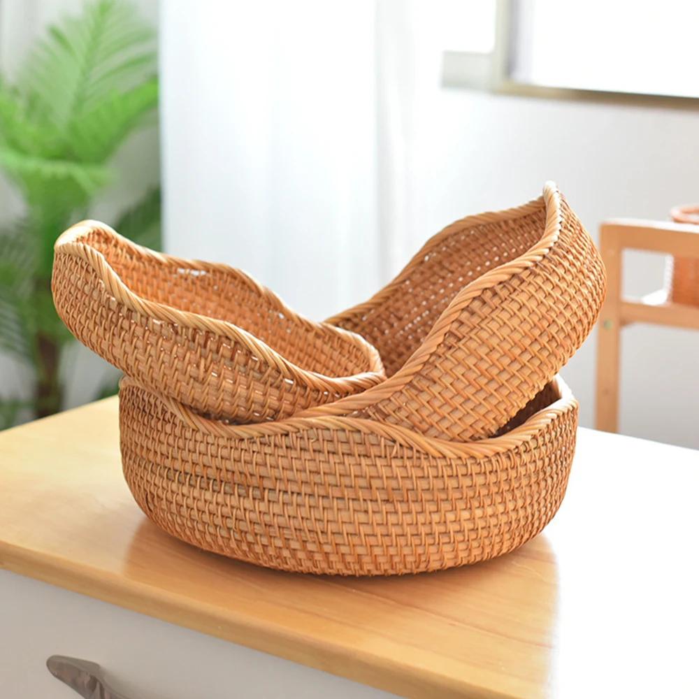 Rattan Woven Wicker Storage Tray Fruits Bread Baskets Handmade Crafts Tableware for Kitchen Countertop Decor Round Organizer