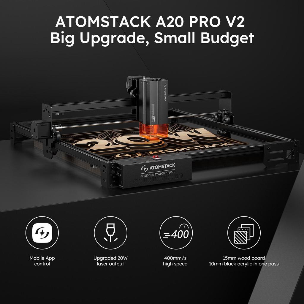 ATOMSTACK A20 PRO V2 20W Laser Engraving Machine, 0.08 × 0.10 Mm Laser Spot, 400 × 365 Mm Working Area, 400mm/s Speed, 0.01mm Precision Engraving