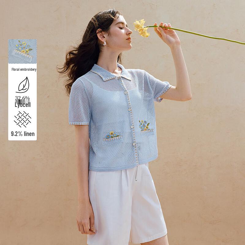 INMAN Lyocell Linen Thin Knit Embroidered Short-Sleeve Top XL