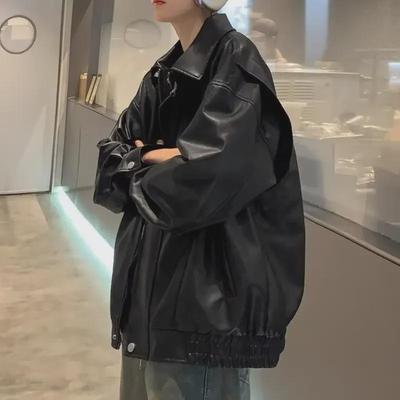 Pánska trendy jesenná kožená motorkárska bunda - Ležérny voľný strih s golierom