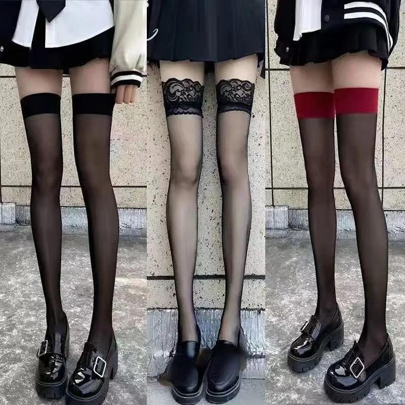 Sexy červený lem Nové nadkolenní dlouhé ponožky Gotické krajkové průhledné punčochy přes stehna Dámské Punkové JK Tenké hedvábné jednobarevné punčochové zboží