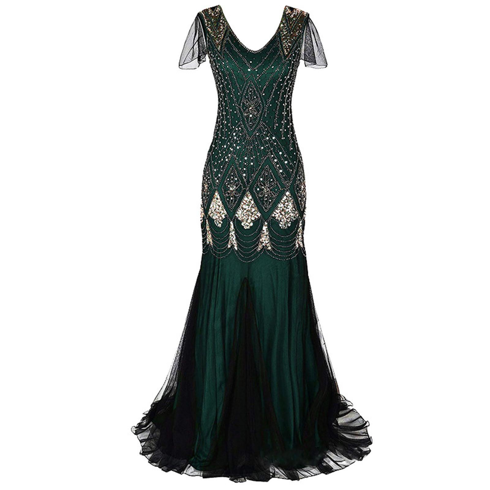 

Women s Fashion V-neck Vintage Sequins Dress Banquet Party Evening Gown Fishtail Dress Long Dresses M зелений