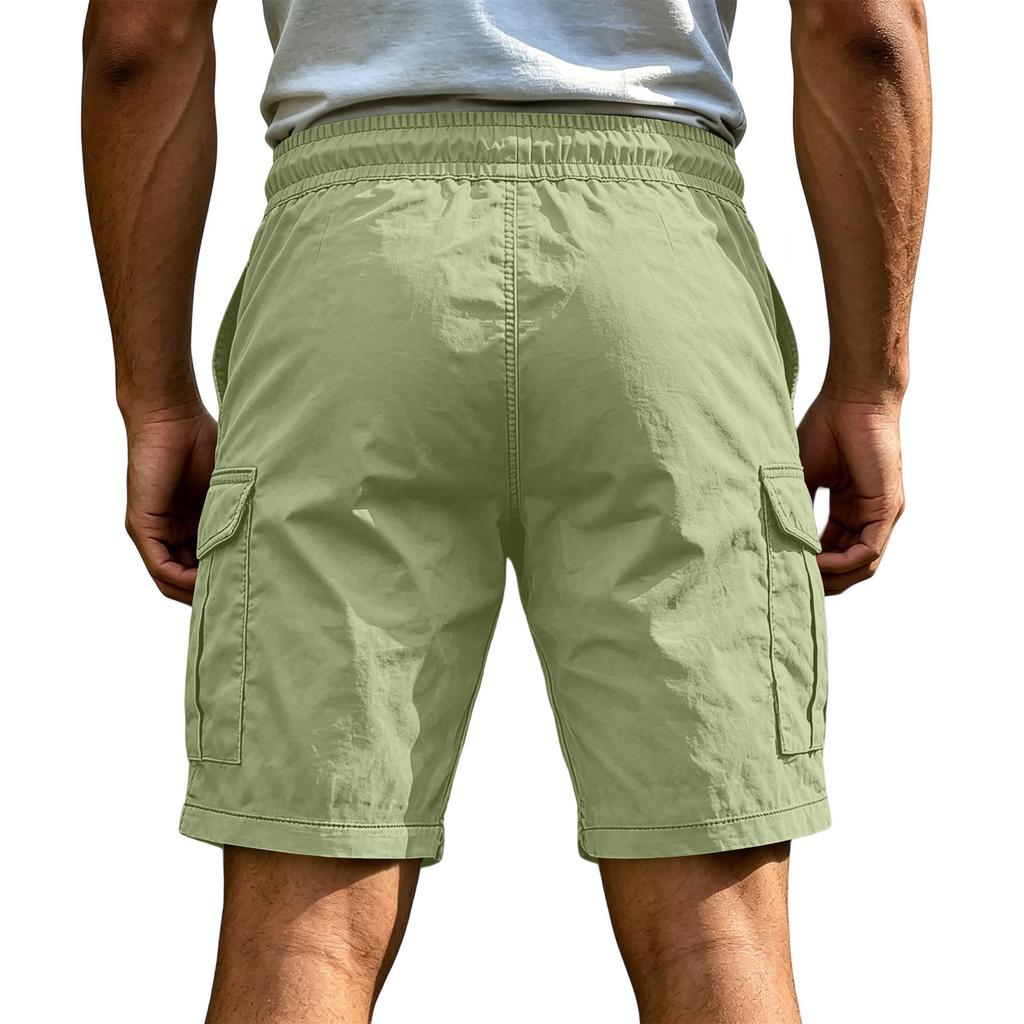 Men's Casual Cargo Shorts Elastic Drawstring Waist Multi-Pocket Summer Quick Dry Workout Solid Color Beach Short Pants