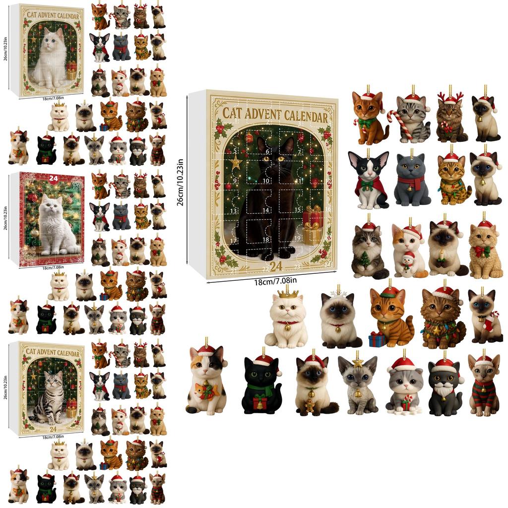 Katzen-Weihnachtsbaumschmuck Set mit 24 Acryl Versteckte Überraschung Weihnachtsdekorationen