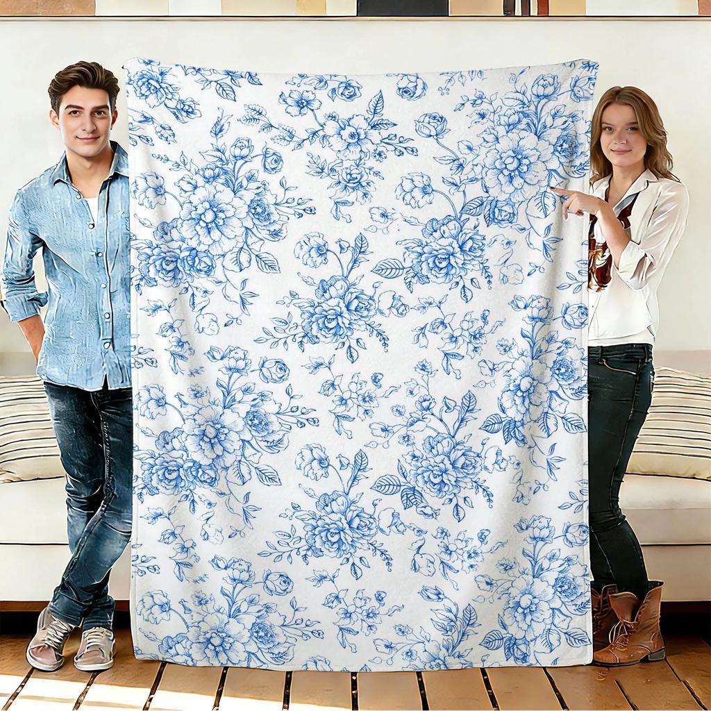 Blue Floral Pattern Flannel Blanket Soft Cozy Throws Napping Travel Use