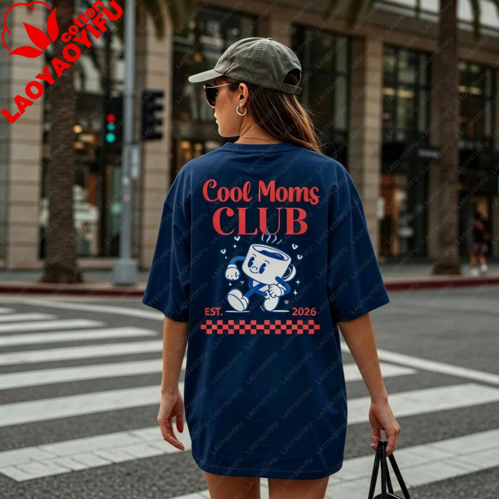 Cool Moms Club Est 2026 Graphic Shirt Retro Cartoon Coffee Print Tee Coffee Lover Gift Tops New Mom 2026 Casual Daily Outfit