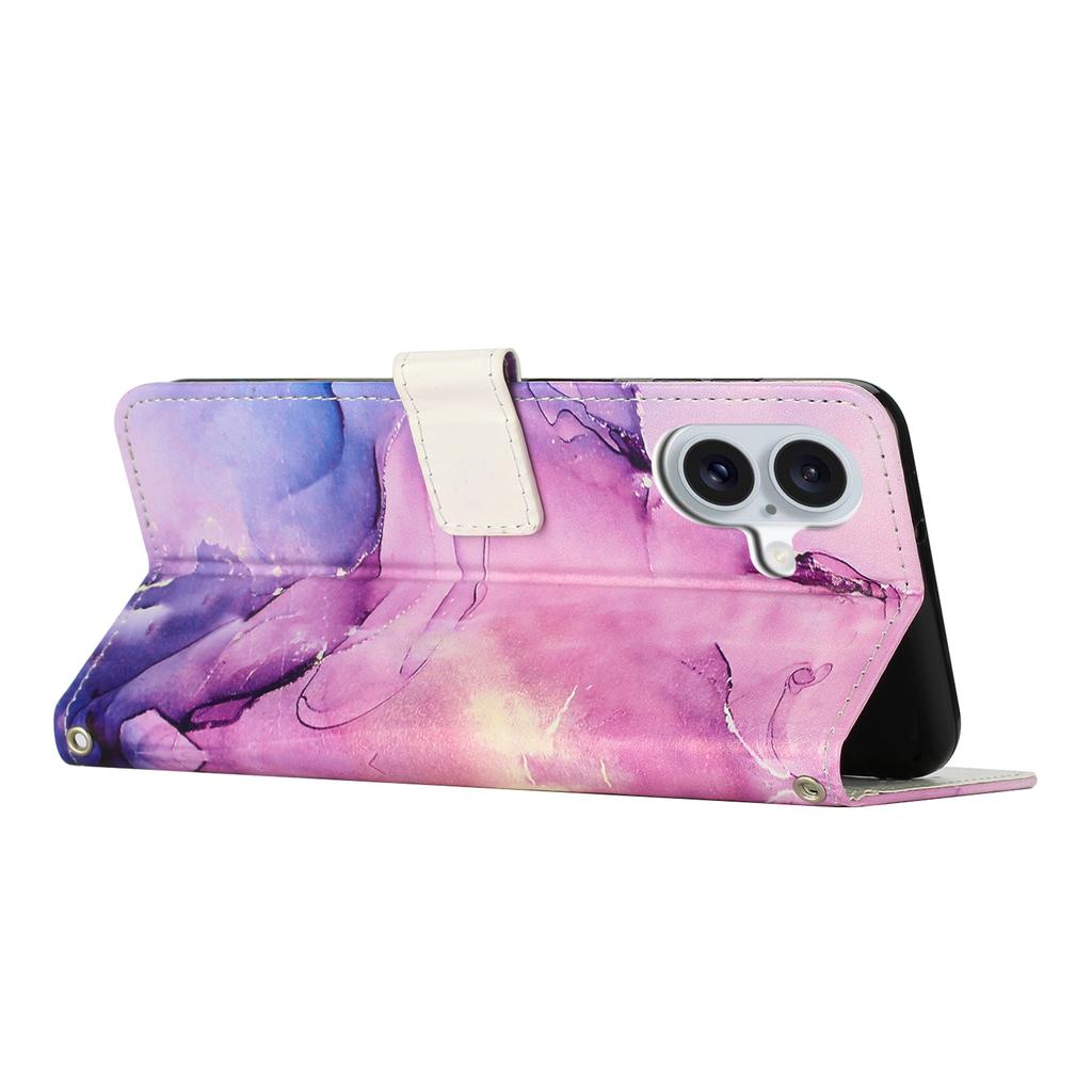 For iPhone 16 Stand Case Marble Pattern PU Leather Wallet Phone Cover with Wrist Strap