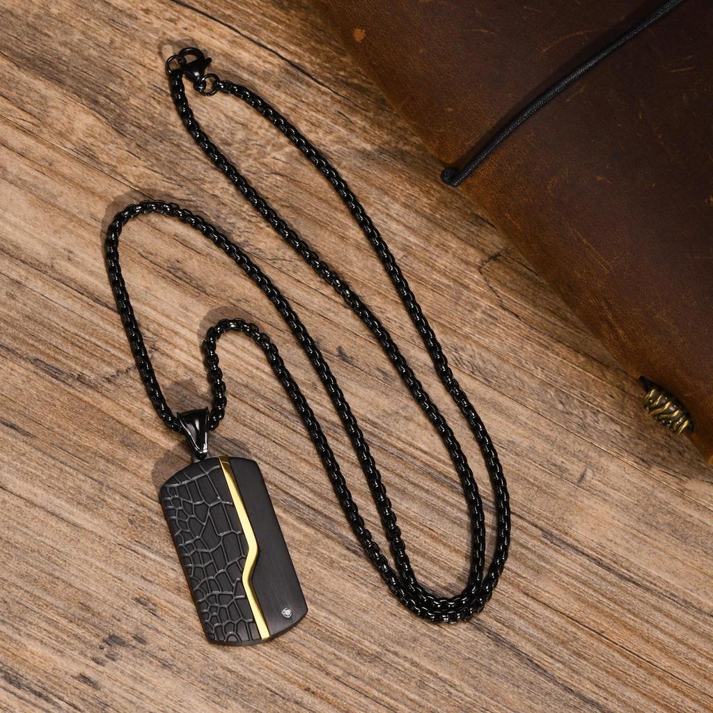Engravable Black Titanium Steel Dog Tag Pendant Necklace with White Zircon