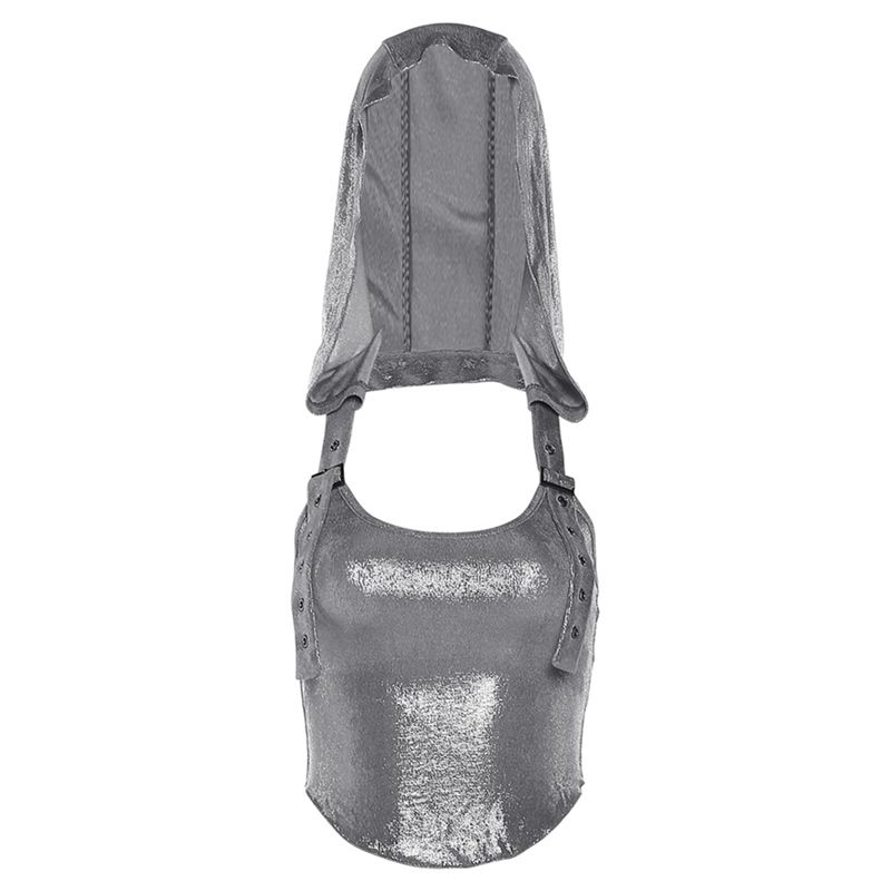 

Weird Puss Waste Soil Style Sexy Wear Glossy Sleeveless Hooded Vest Personalized and Slim-Looking Irregular Top Silver L
