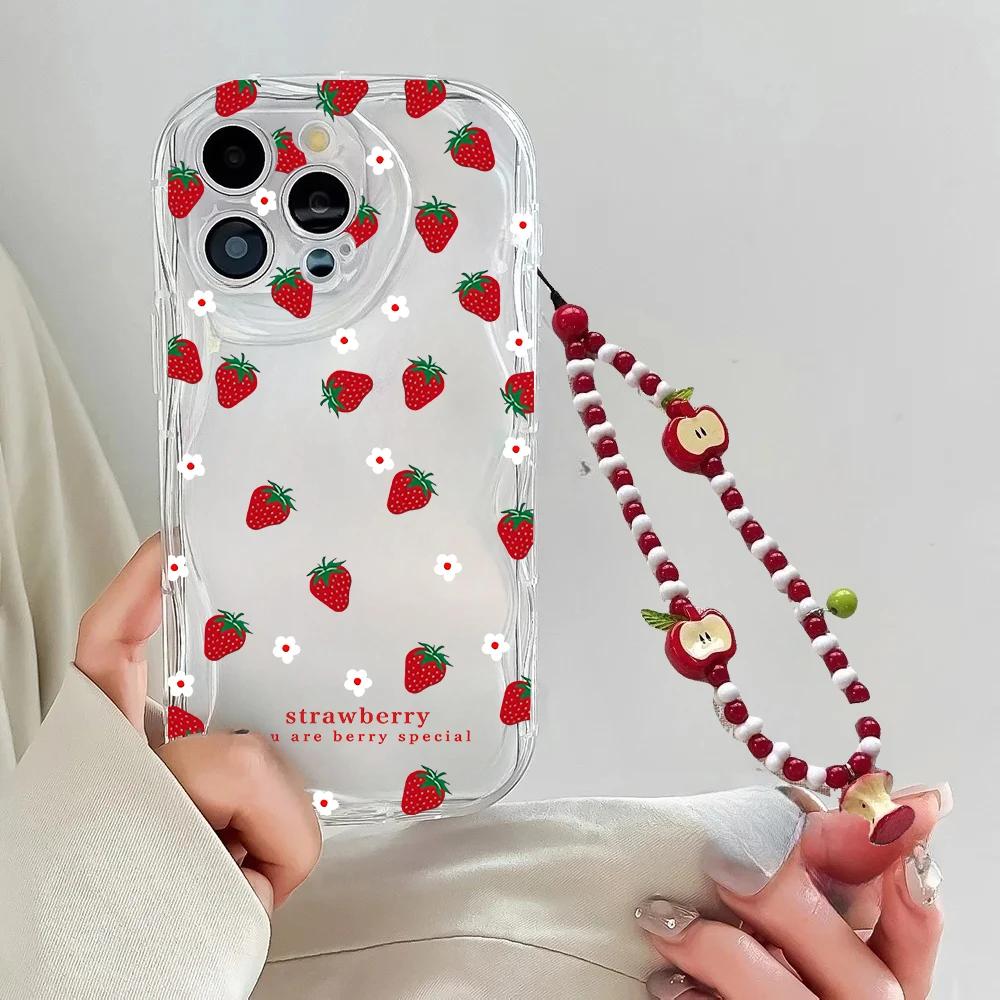 Strawberry Fruit Wrist Chain Phone Case For Motorola Moto Edge 50 Fusion Pro Ultra G84 G14 G75 G35 G05 G15 G22 G24 G54 G34 E13