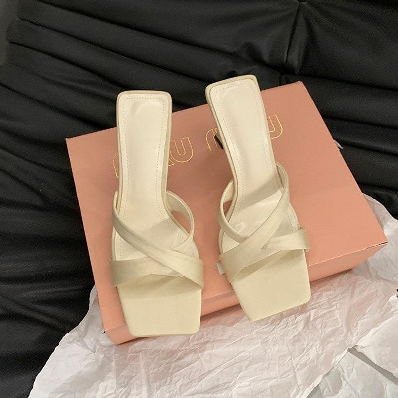 Fashion 2025 Summer New Fairy Style High Heels Women's Silk Square Head Thin Heels Cross Style High Heels One Line Cool Slippers