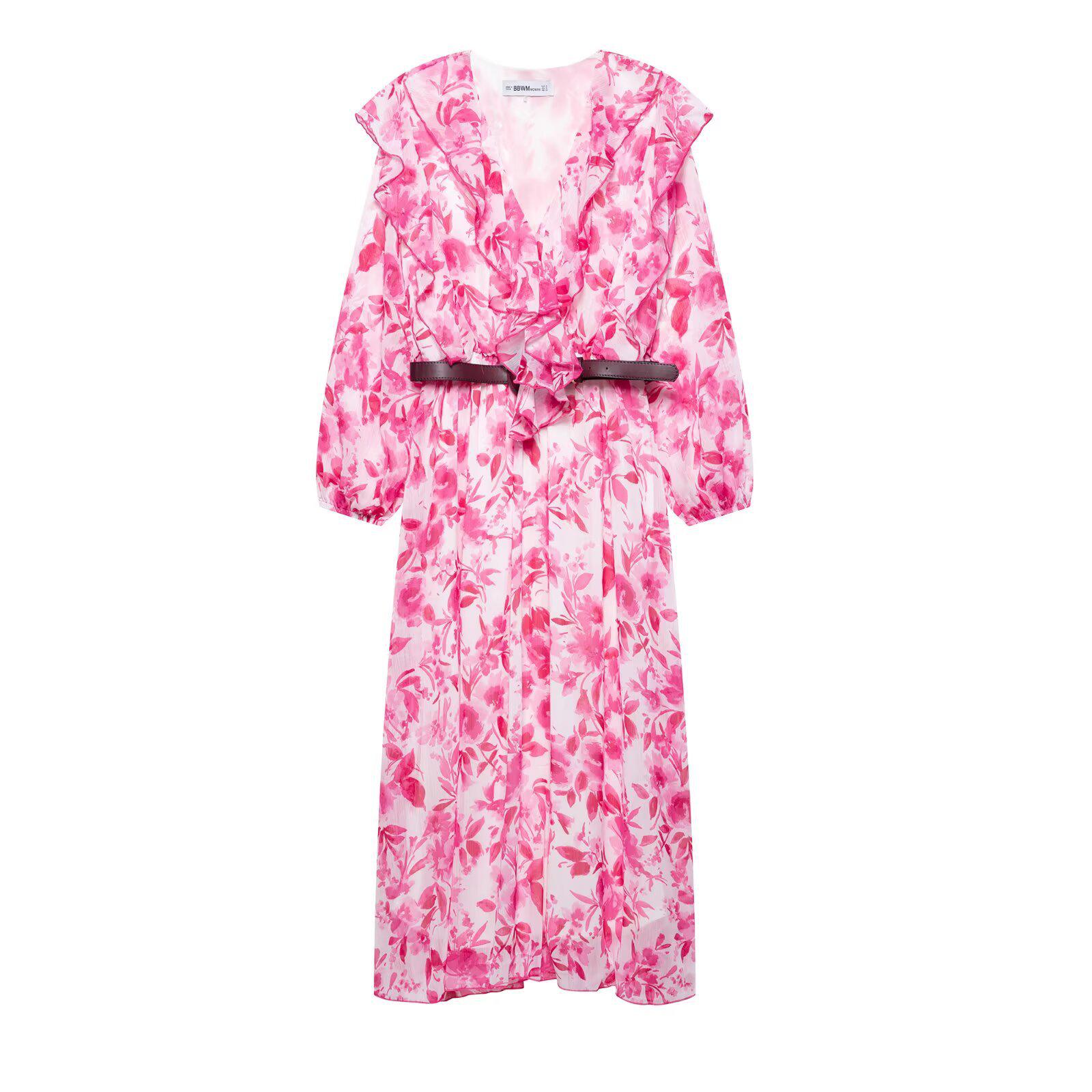 

Женское платье миди приталенного кроя с V-образным вырезом и поясом, с принтом, весна/лето 2025 Small розовый