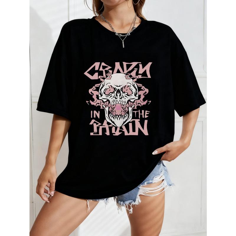 

Белая Оверсайз Футболка с Розовым Черепом и Графикой Crazy In The Brain для Повседневной Носки S чёрный