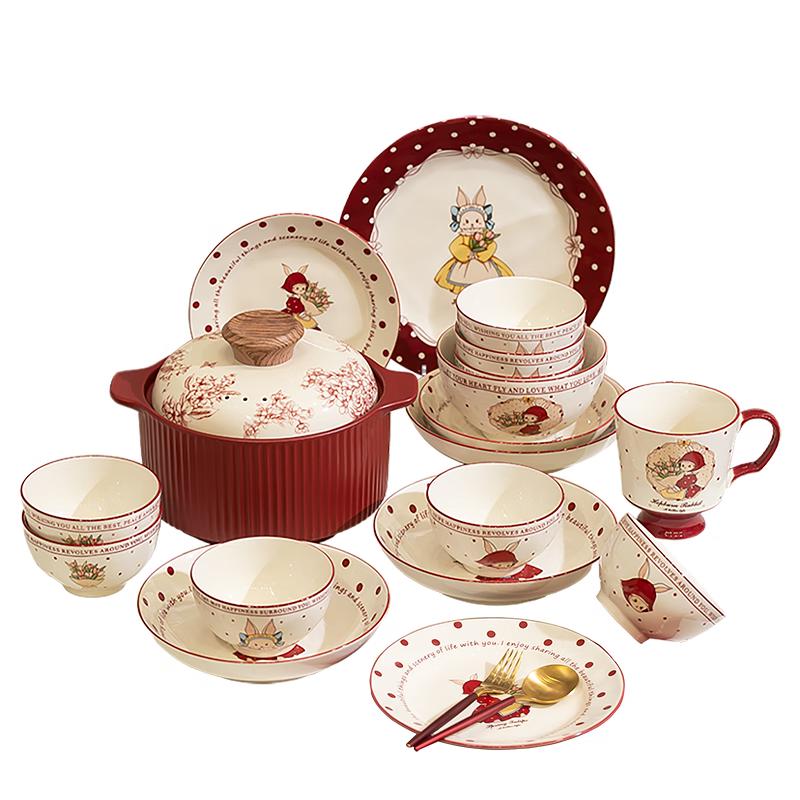 Chudi Hepburn Rabbit Nordic Ceramic Dinnerware Gift Set 4 Person, 18-Piece Set