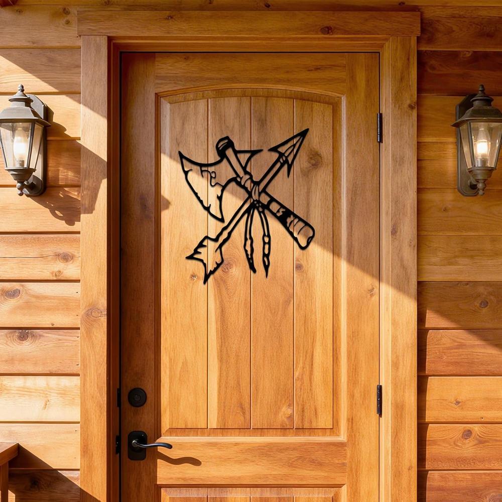 Metal Arrow Wall Art Native American Viking Decor Axe with Arrows Black Rustproof Home Decor 12.5x11 inch for Living Room Office Garden