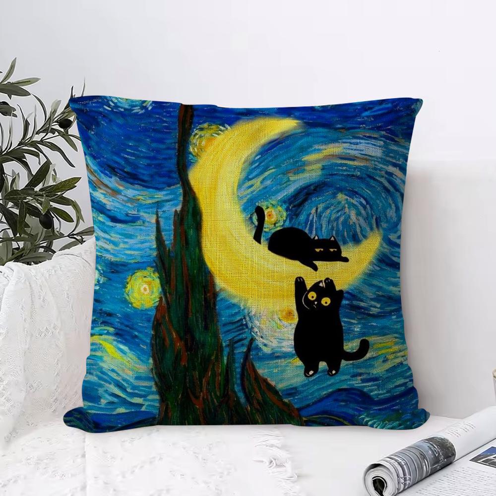 Van Gogh Starry Sky Cat Cushion Cover Eco Linen Pillow Case DoubleSided Print Breathable Durable Zipper Home Decor Gift