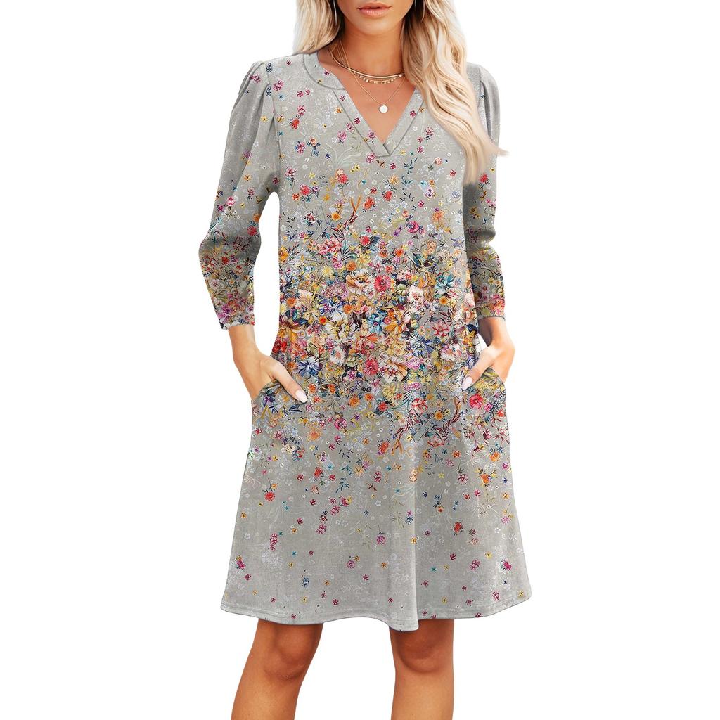 Women's Fashion V-neck Casual Beach Dress Three-quarter Sleeves Floral Print Dress