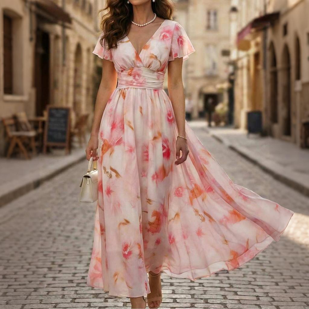 Women's V Neck Ruffle Sleeve Floral Print Waist Cinch Maxi Dress Lightweight Chiffon Elegant Vacation Dress